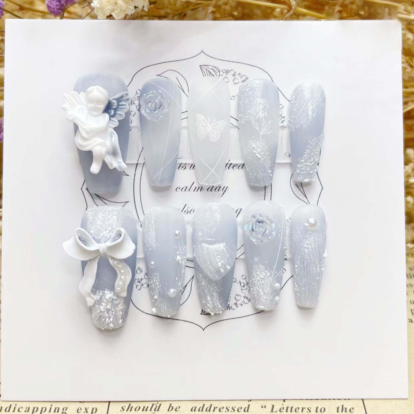 Pressed Flower Art - ثلاثية الأبعاد الجص الملاك الأظافر كاذبة
